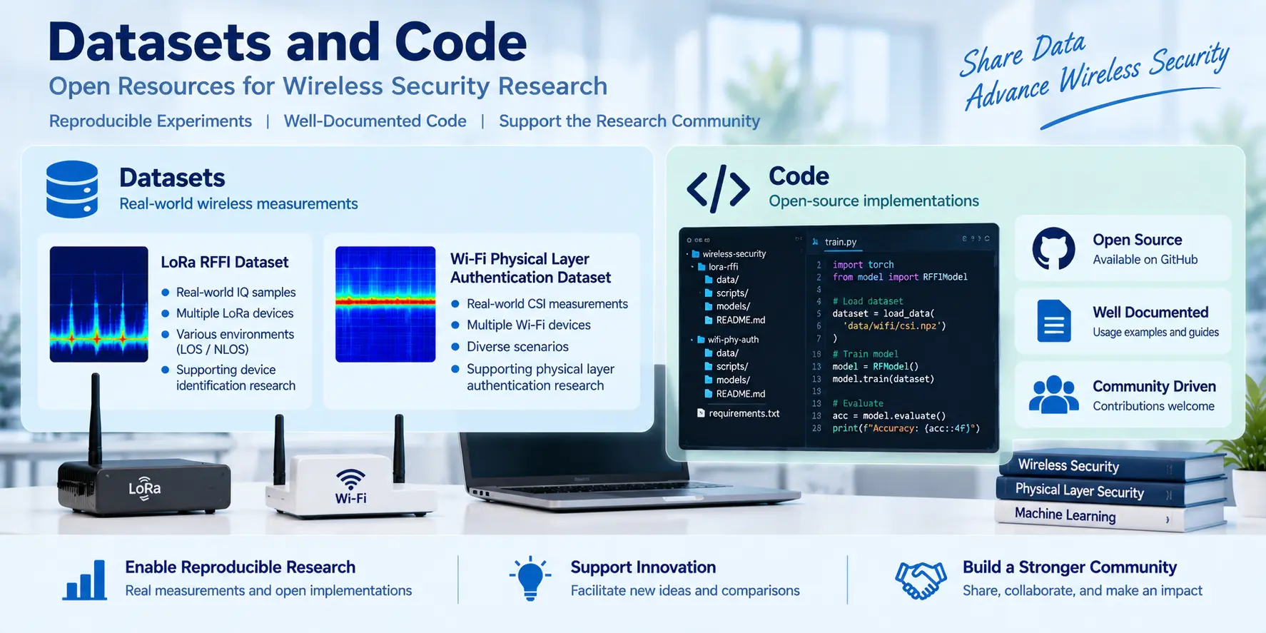 Open research datasets and source code for wireless security and sensing