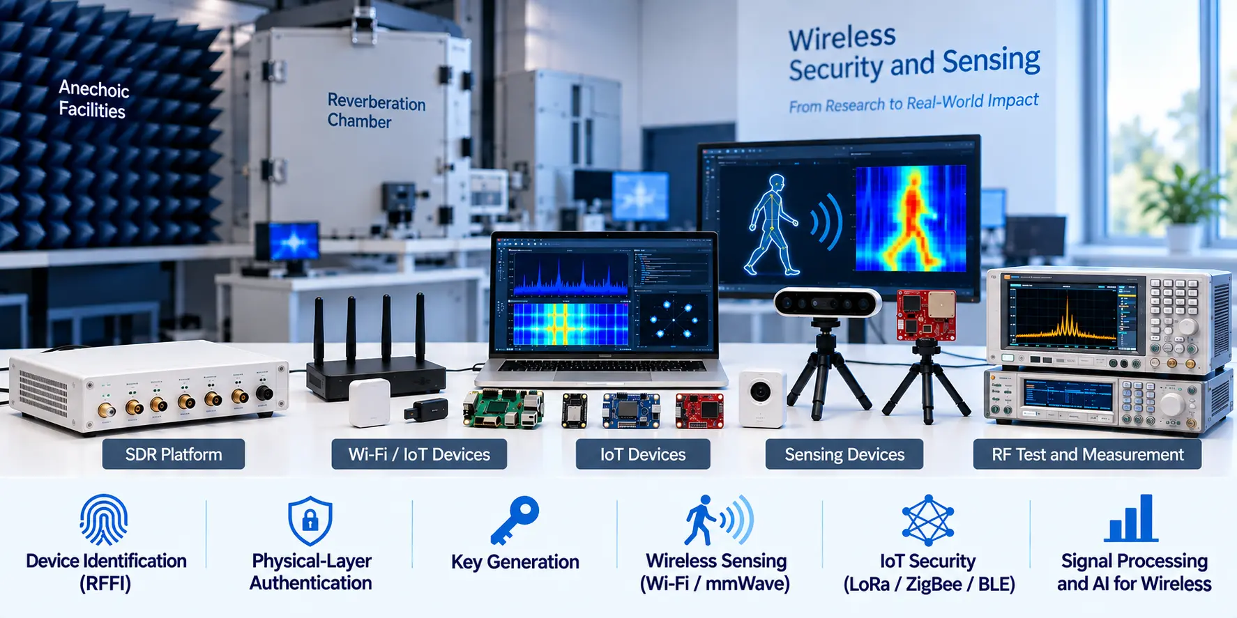 Wireless research equipment including software-defined radios, antennas, computers, and measurement instruments