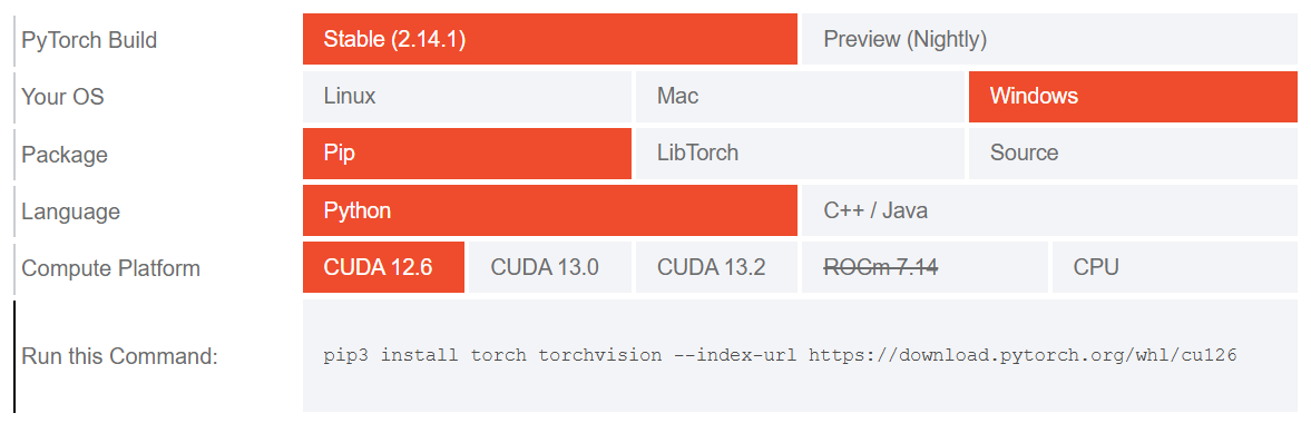 Example PyTorch installation settings